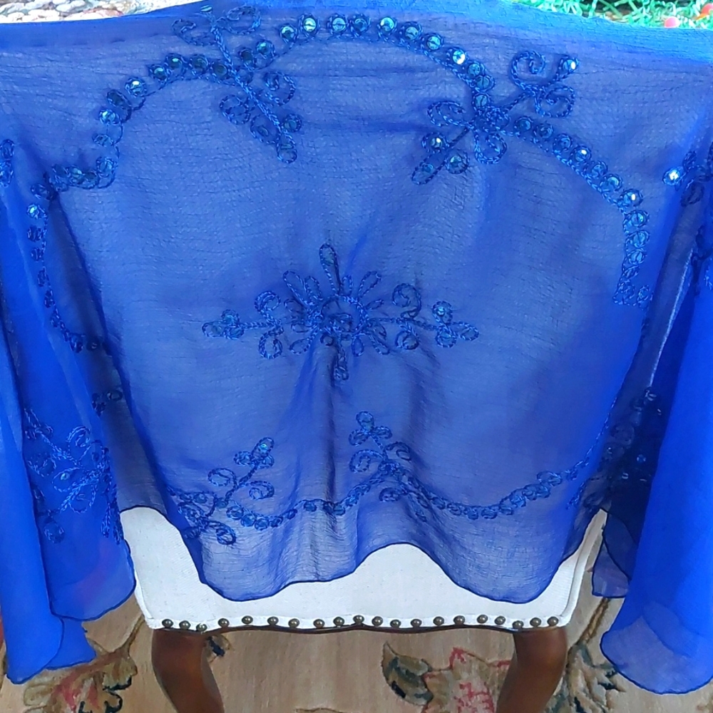 Royal Blue Embroidered Scarf with Sequins